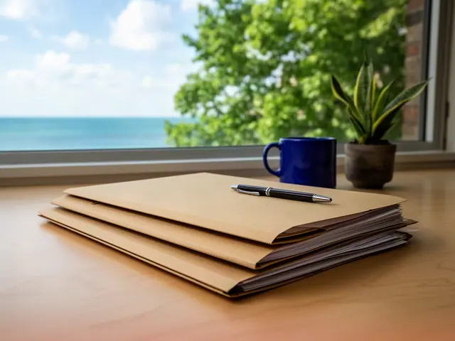 Closed kraft folders with a pen on a desk by a window onto green trees and the lake.