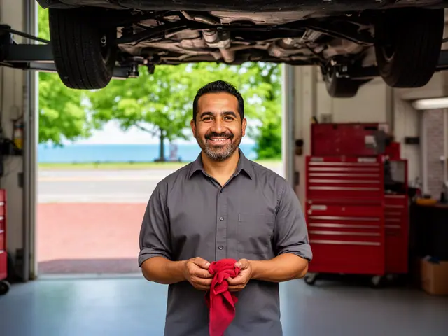 A smiling mechanic with a red rag beneath a car on a lift, the lake through the bay door.