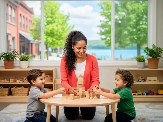 A child-care owner builds a block tower with two smiling preschoolers at a low table.