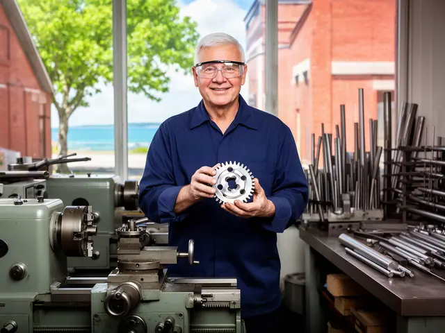 A smiling machinist in safety glasses holding a freshly machined gear beside a lathe.