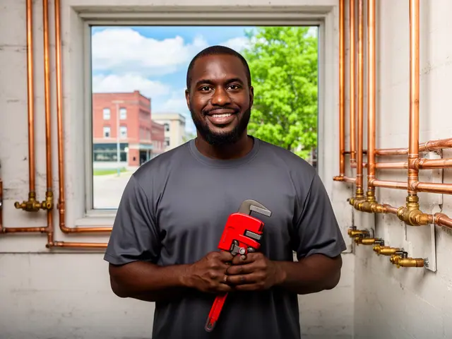 A smiling plumber holding a red pipe wrench beside new copper piping in a utility room.