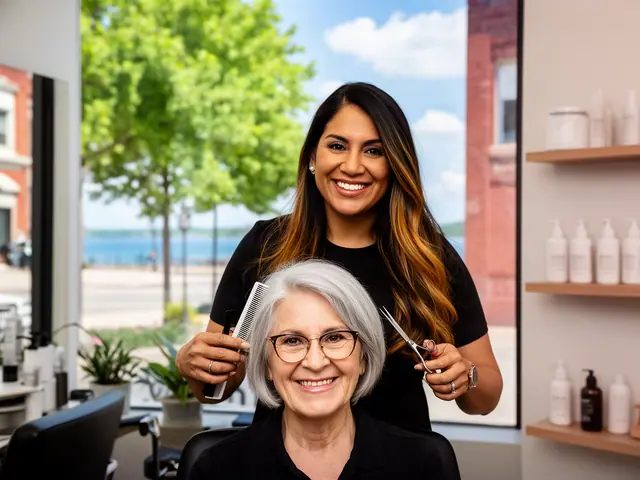 Salon owner finishing a haircut for a smiling older client